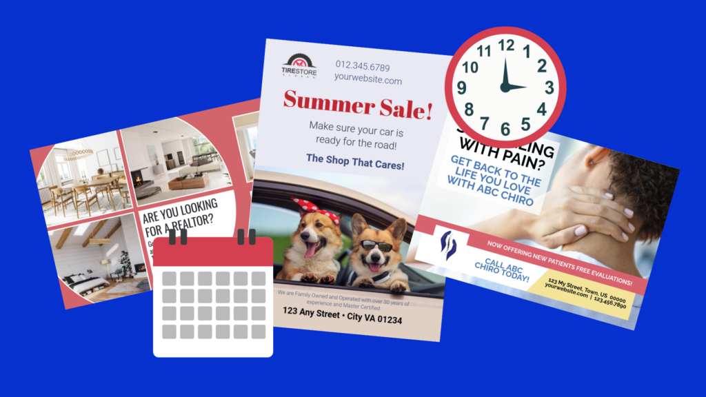 Direct mail postcards with a clock and calendar