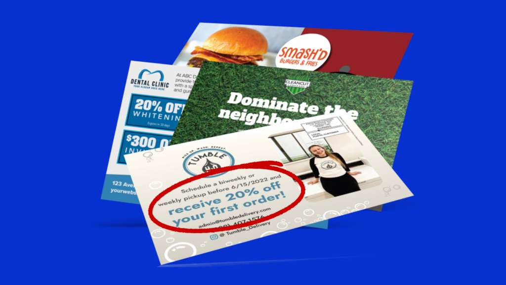 Direct mail postcards with coupon circled in red